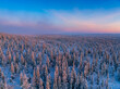 Aerial view of beautiful winter landscape in Lapland during sunset.