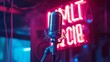 live on air. radio podcast broadcasting studio microphone with neon lights sign. banner with copy space