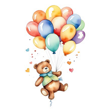 One Toy Bear Fly In The Air Holding At Hands Bunch Of Helium Balloons. Watercolor Adventurer Isolated On White Background.
