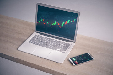 Poster - Close up of laptop and smartphone on wooden office desk with glowing forex chart on light background. Trade, stock and finance concept. 3D Rendering.