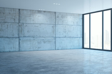 Poster - Empty contemporary spacious concrete interior with panoramic window. 3D Rendering.