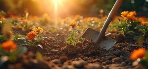 Wall Mural - a shovel is plowing in the dirt close to some flowers