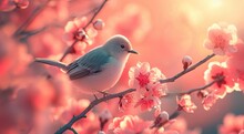 A Bird Sitting On A Branch Of A Pink Tree
