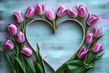 Wall Mural - a heart is formed with purple tulips around a white wood base