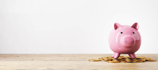 Poster - Creative ceramic pink piggy bank with golden coins on wooden surface and wide white wall background. Money safe and investment concept. Mock up place for your advertisement, 3D Rendering.