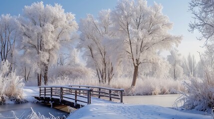 Wall Mural - Frost-covered trees in a winter wonderland with a small wooden bridge over a frozen stream background.