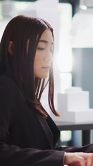 Poster - Vertical Video Engineer asking contractor for help with sketch draft elements, analyzing blueprints and trying to extract house measurements. Real estate agency employee creating architectural plans