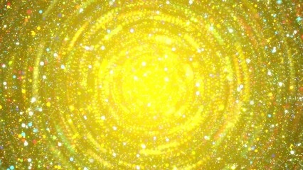 Wall Mural - colorful particles and circles coming toward sparkly, 4k motion loop gold background.