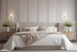 © anmitsu - Modern luxury elegant bedroom with spring vibes with flowers and bed with white sheets. interior decoration. Well-appointed interior design. template.