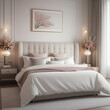 © anmitsu - Modern luxury elegant bedroom with spring vibes with flowers and bed with white sheets. interior decoration. Well-appointed interior design. template.