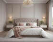 © anmitsu - Modern luxury elegant bedroom with spring vibes with flowers and bed with white sheets. interior decoration. Well-appointed interior design. template.