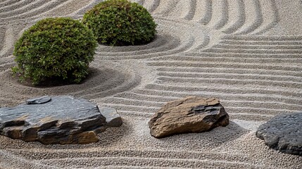 Wall Mural - Serene Zen garden with raked sand, stones, and small shrubs, embodying tranquility background.