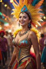 beutiful dancing and smilling Female wearing brazillian carnival costume