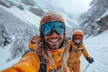 Skiing in Style: Two Snowboarders Smile for the Camera in Yellow Coats Generative AI