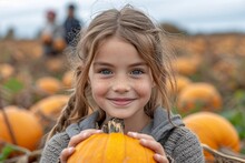 Pumpkin Season Smile: A Young Girl Poses With A Sweet Pumpkin Generative AI