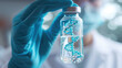 Close-up of a scientist's hand in blue gloves holding a transparent vial with a glowing blue DNA double helix structure inside it, against a blurred laboratory background.