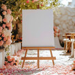 Wedding Sign Vertical. Wedding Board Mockup with pink flowers blossom