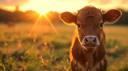 Wall Mural - baby cow on a field with amazing light