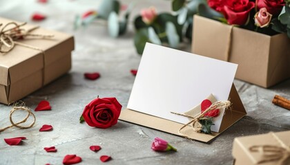 Wall Mural - Mockup for a greeting card. Blank greeting card on a table with flowers. Valentine's Day, Birthday, Happy Women's Day, Mother's Day. Stylish invitation card layout, postcard, frame or banner template.
