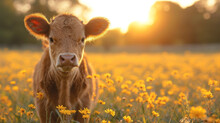 Baby Cow On A Field With Amazing Light