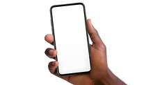 Hand Holding Smartphone Png, New Cellphone Mockup Isolated On Transparent Background, African American Man, Black