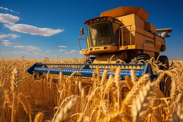 the harvester harvests from the field in autumn