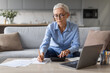 Mature lady entrepreneur working with laptop at home taking notes
