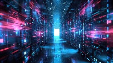 door in tunnel with digital data center light signals