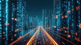 Fototapeta  - abstract highway path through digital binary towers in city