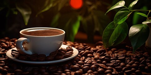 Wall Mural - a cup of coffee beans and a leaf, in the style of dark brown