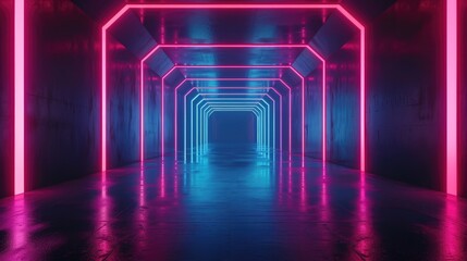 Poster - neon glowing lines in a dark tunnel technology background