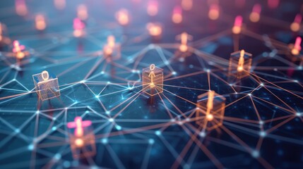 cube figure and social connection lines technology background