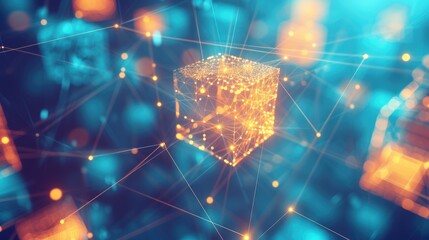 cube figure and social connection lines technology background