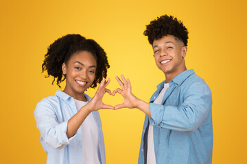 Wall Mural - Affectionate young African American couple forming a heart shape with their hands together