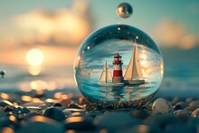 Tiny Lighthouse And Sailboats Navigating A Serene Coastal Scene Inside A Glass Orb, Capturing The Maritime Beauty Of A Seaside Landscape,