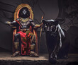 African tribal leader sitting in the throne in the company of a black panther.