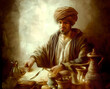Ancient persian merchant ruling his business and surrounded by luxury items.