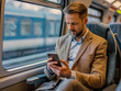 © alla.naumenco - A businessman using a mobile phone while sitting on a high - speed train.