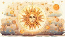Celestial Magic Tarot Card Design On Aesthetic White Background With Sun Face, Clouds, And Stars