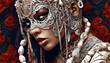Ästhetische, handgemachte Maske und Kostüm einer Frau
