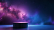 An empty black podium against the backdrop of blue purple outer space. for product display, Blank showcase, mock up template or cosmetic presentation.