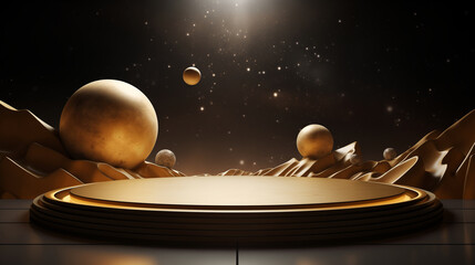 Wall Mural - an empty gold product display podium against the backdrop of abstract planets from outer space.