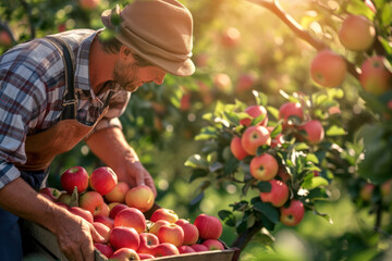 Wall Mural - Farmer harvesting fresh organic red apples in the garden on a sunny day. Freshly picked fruits.