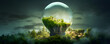 Green energy concept illustrating renewable and sustainable energy sources. An image of a green tree inside a light bulb symbolizes environmental protection and eco-friendly energy solutions.