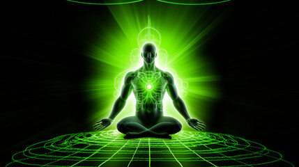 Body of light radiating vibrant rays of green energy from heart chakra