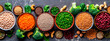 Vegetarian protein and greens on the table. Selective focus.