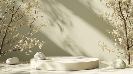 Poster - Generative AI : Composition empty podium material tree stone dry flowers. Product presentation. 