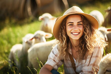 Happy Young Farmer In Straw Hat Among Sheep. Shepherdess Girl Grazes Cattle In Field On Her Farm