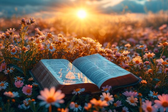 sunrise bible study: a flower-filled field with a book of wisdom generative ai