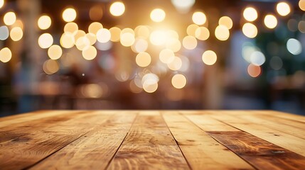 Poster - Generative AI : Empty wooden table top with lights bokeh